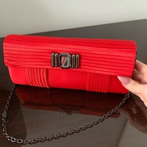 Sondra Roberts clutch, red satin, 4.5”x10”.